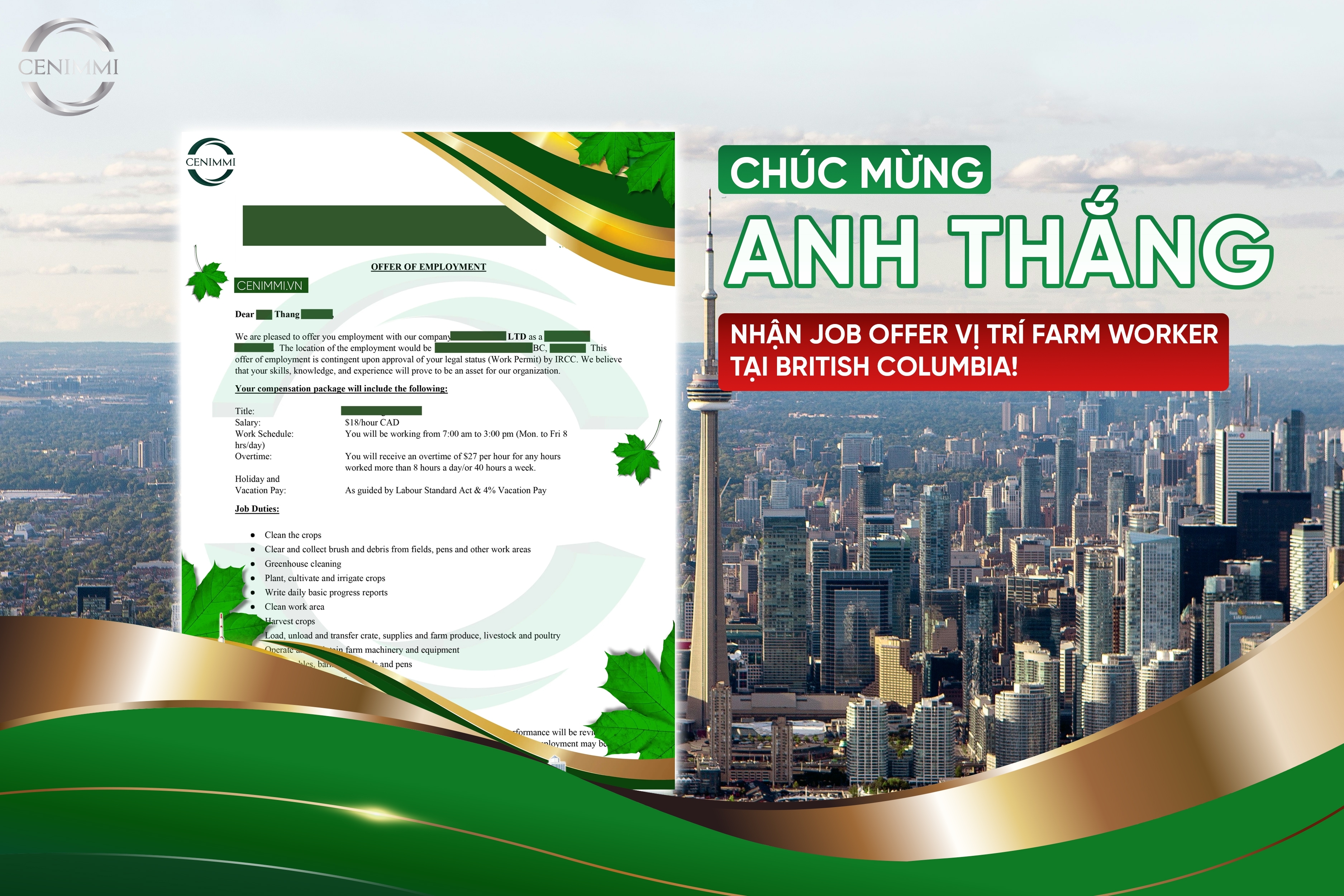 Chúc mừng anh Thắng – nhận Job Offer vị trí Farm Worker tại British Columbia 🇨🇦